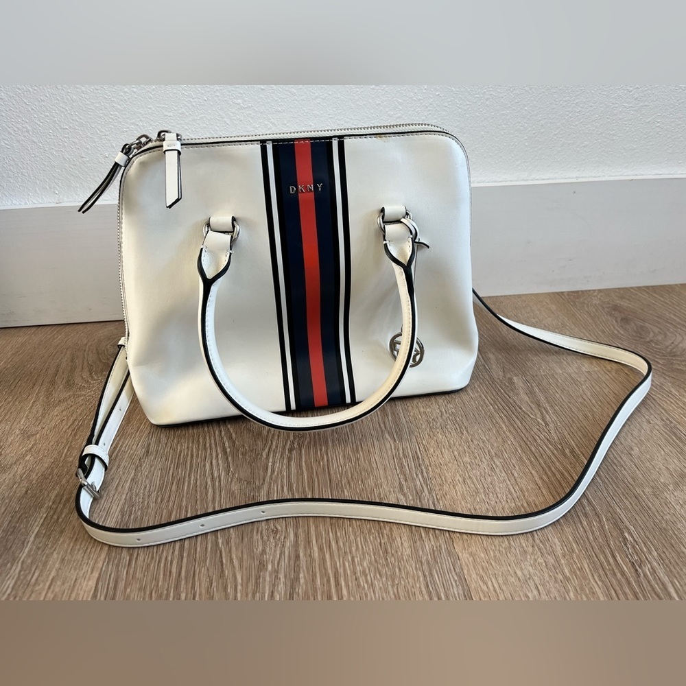 DKNY Dome faux Leather tote bag satchel soft white w/blue & red stripe. 2021